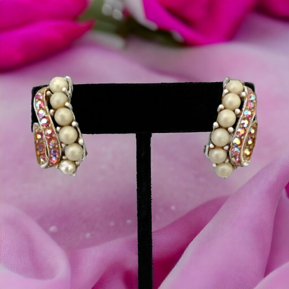 LEDO AB Pink Crystal Earrings Beaded White Washed Metal Vintage Clip On Sparkly.